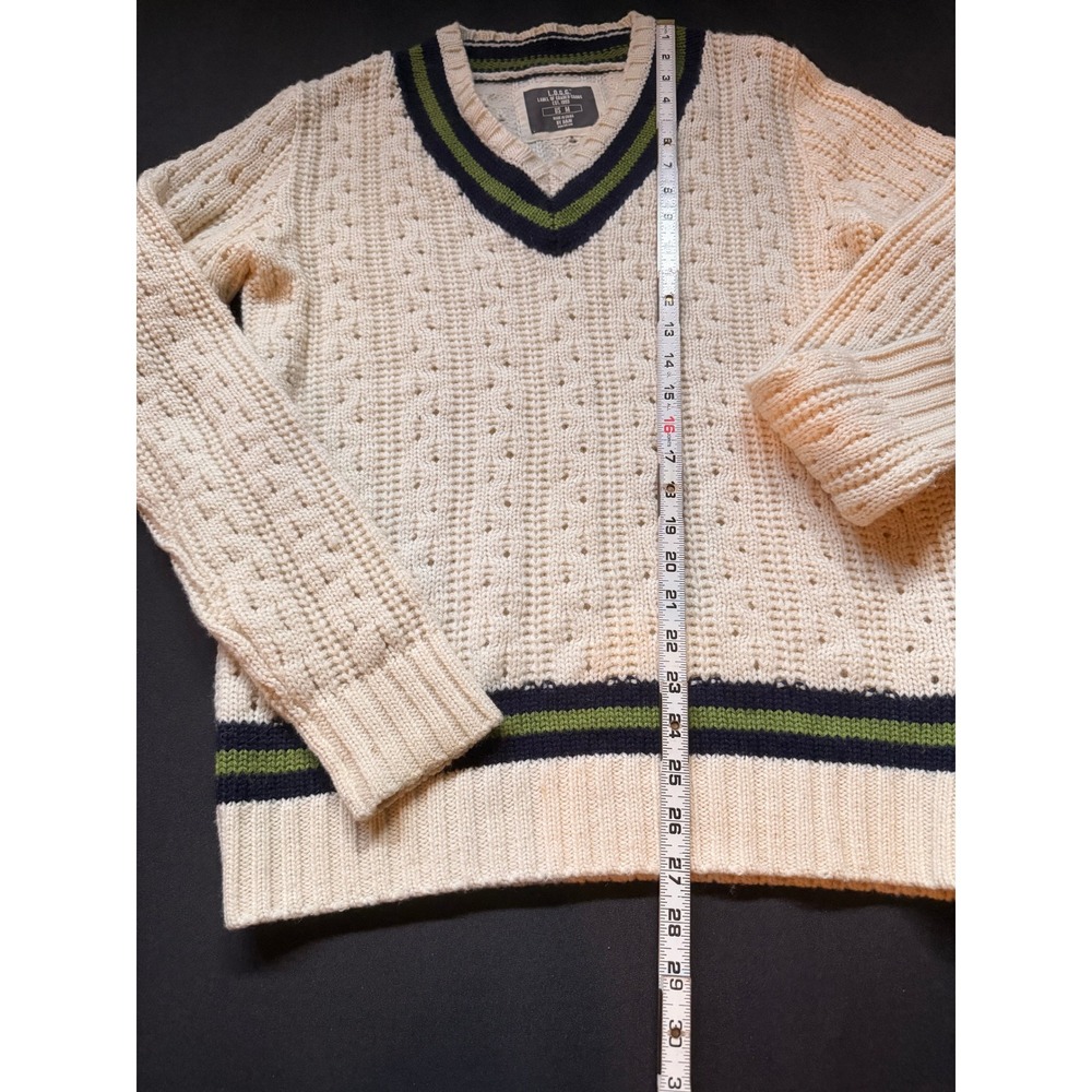 LOGG H&M Mens Wool Blend V-Neck Varsity Stripe Cable Knit Sweater Cream M Preppy - Picture 7 of 12
